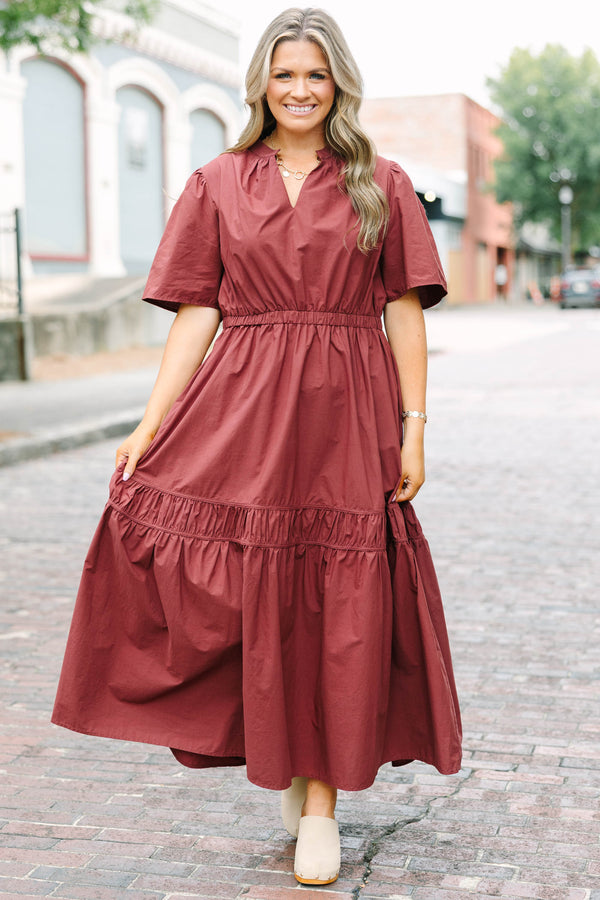 Plus Size brown cotton poplin maxi dress with short sleeves, a V-neckline, and a tiered skirt.