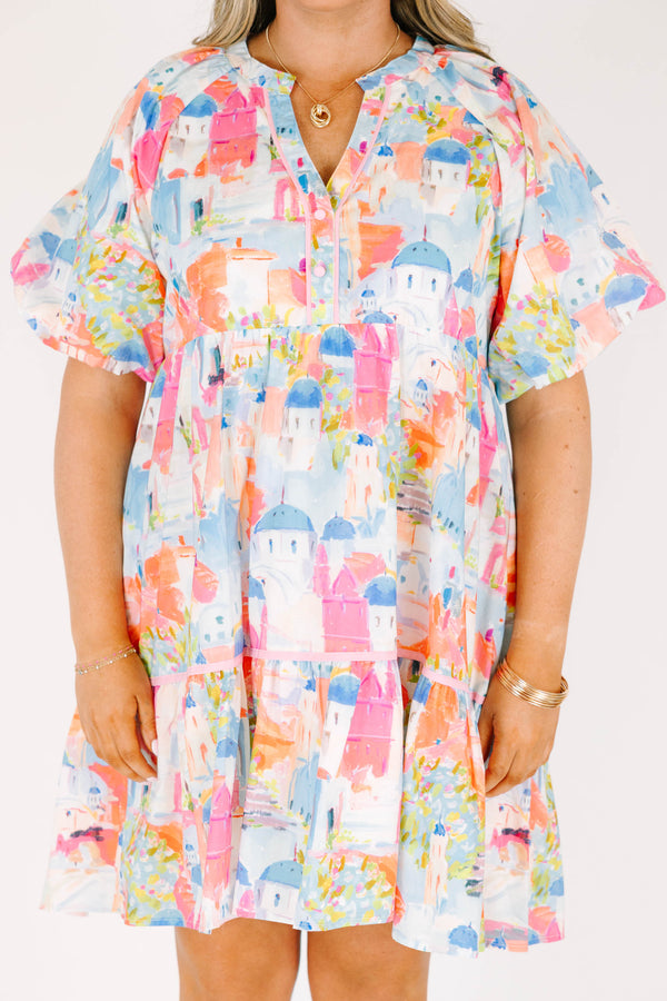 Chic soul plus size clothing, Multi color short baby doll dress with an abstract pattern and bubble sleeves 
