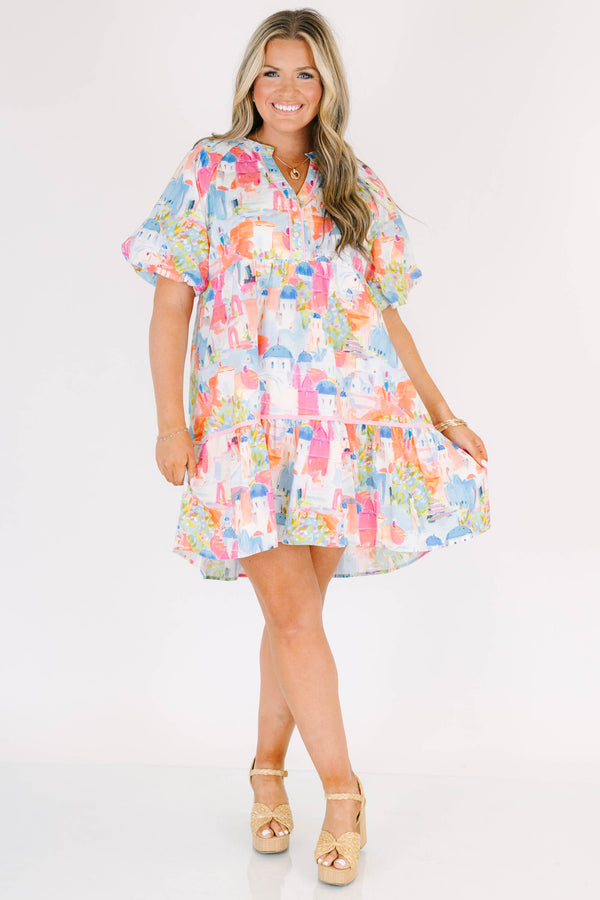 Chic soul plus size clothing, Multi color short baby doll dress with an abstract pattern and bubble sleeves 