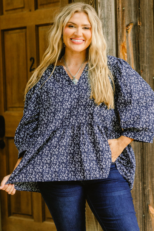 Chic Soul plus size clothing, navy long sleeve baby doll top with small white floral pattern