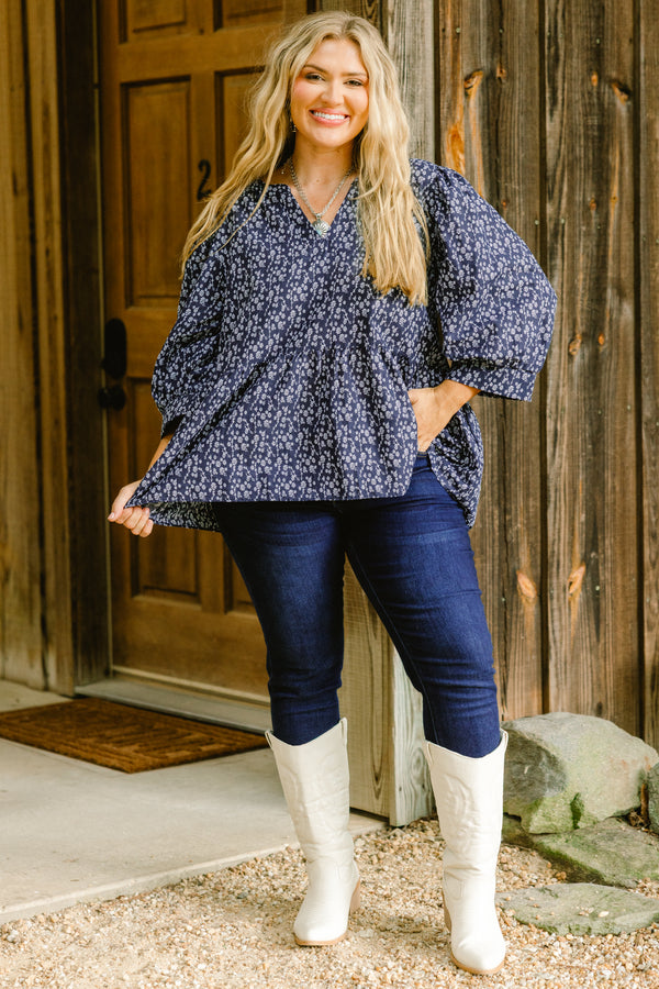 Chic Soul plus size clothing, navy long sleeve baby doll top with small white floral pattern