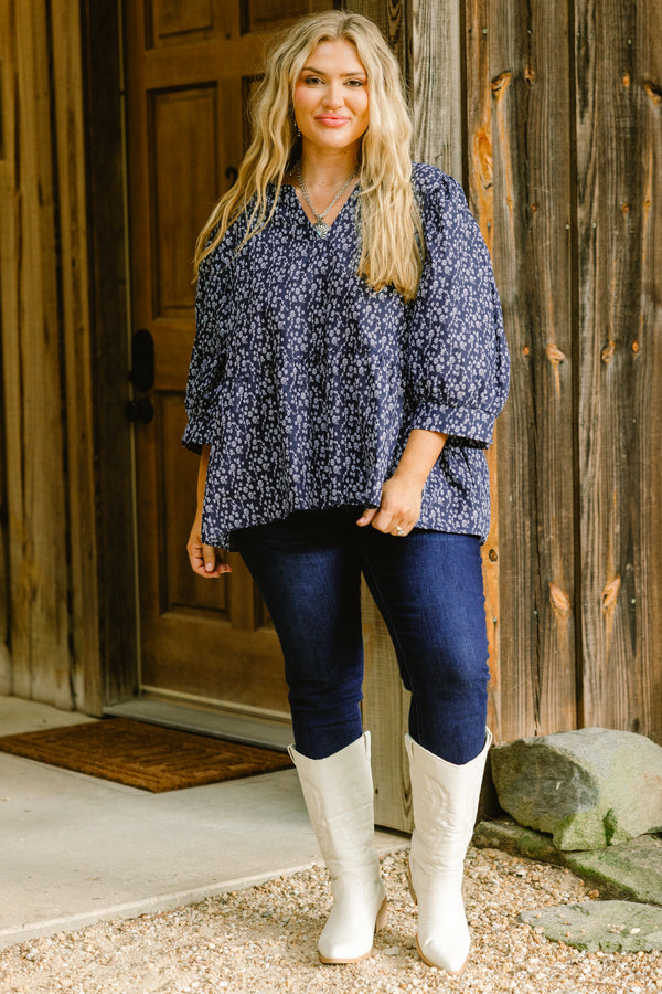 Chic Soul plus size clothing, navy long sleeve baby doll top with small white floral pattern