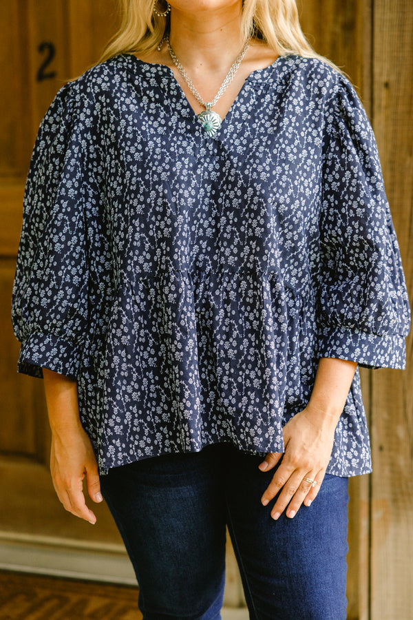 Chic Soul plus size clothing, navy long sleeve baby doll top with small white floral pattern