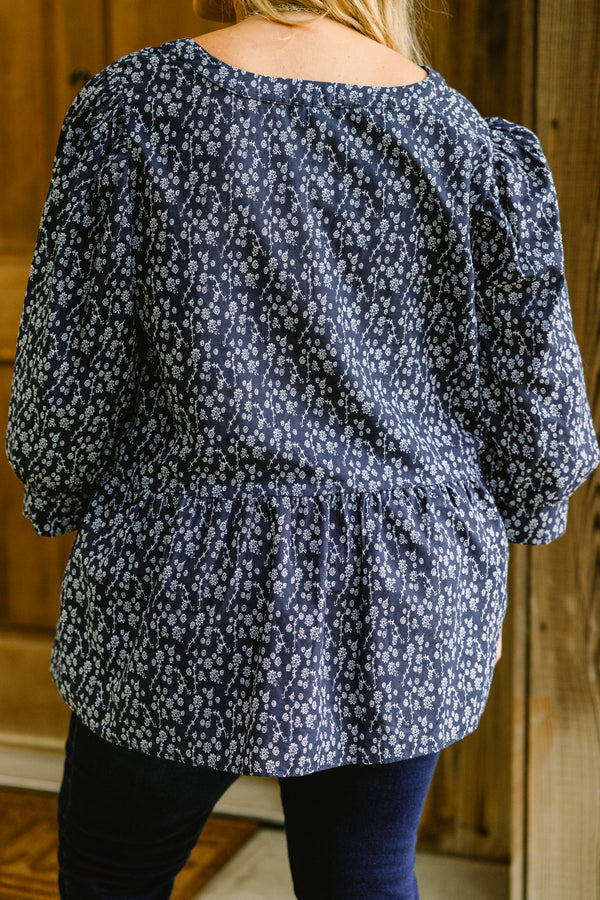 Chic Soul plus size clothing, navy long sleeve baby doll top with small white floral pattern