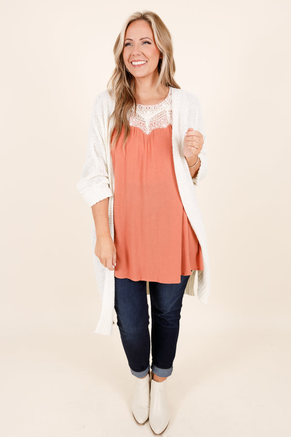 Chic Soul plus size clothing, mauve top with a white lace neckline