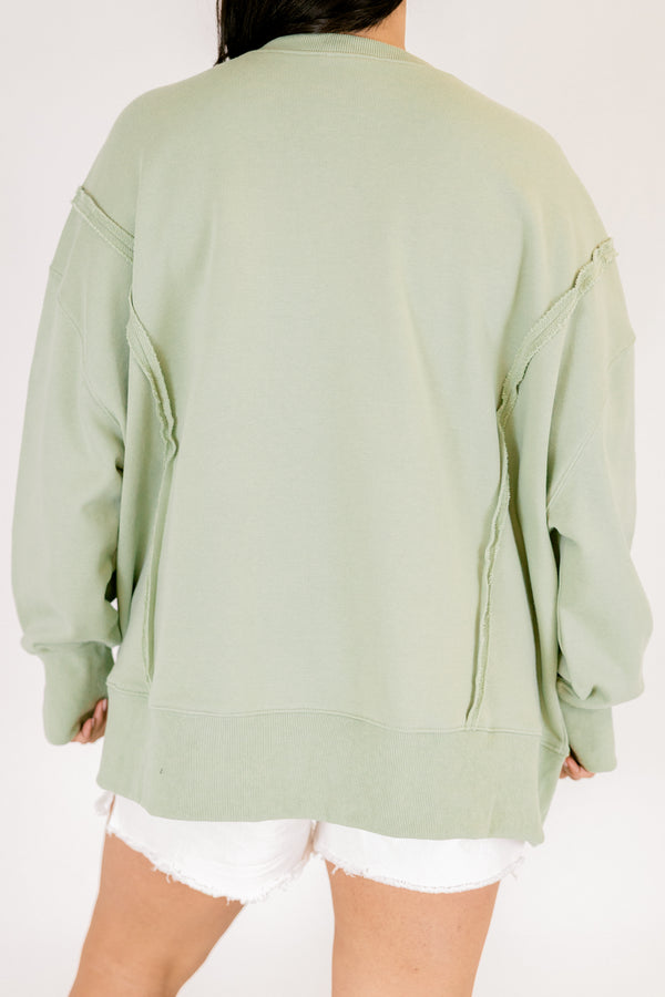 Chic Soul plus size clothing, light sage long sleeve crew neck with the saying 