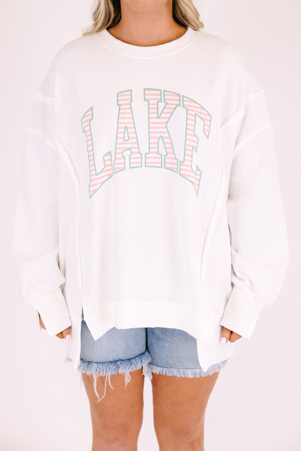 Chic soul plus size clothing, white crewneck sweatshirt with “lake” in block pink and white stripe font
