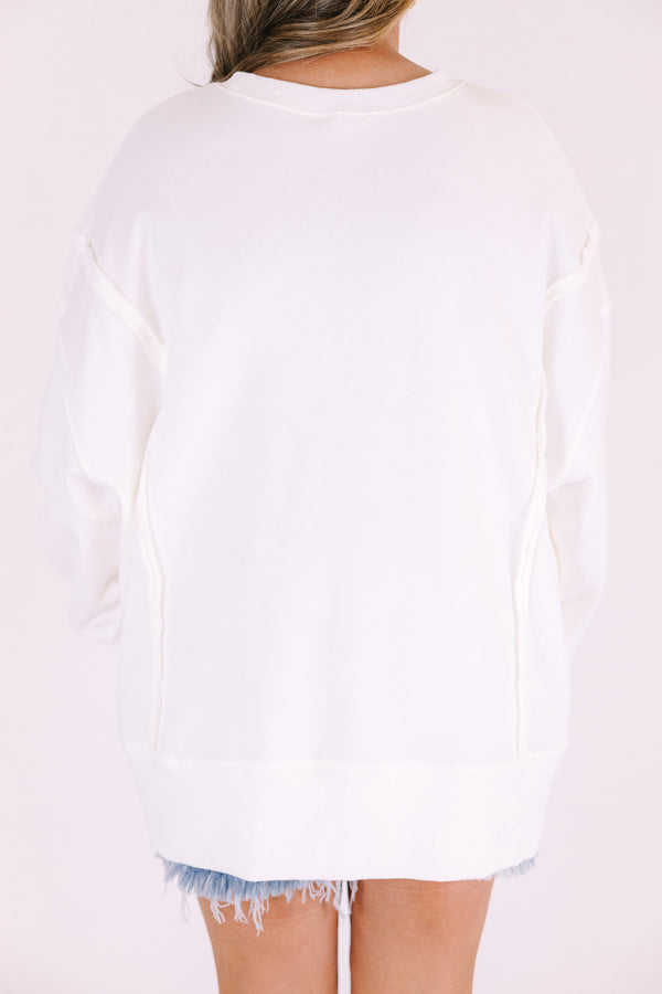 Chic soul plus size clothing, white crewneck sweatshirt with “lake” in block pink and white stripe font
