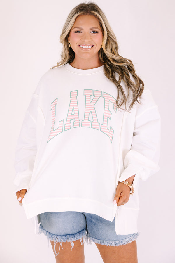Chic soul plus size clothing, white crewneck sweatshirt with “lake” in block pink and white stripe font
