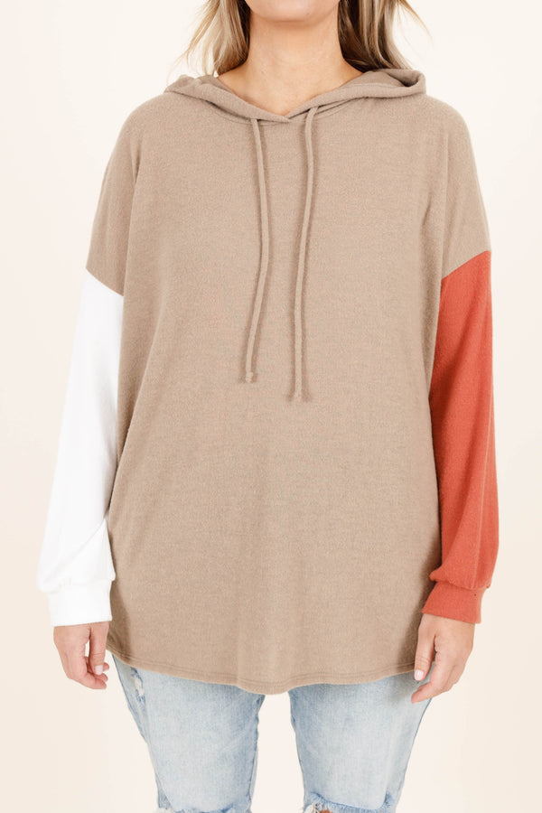 Chic Soul plus size clothing, taupe lightweight hoodie with colorblocking on the sleeves