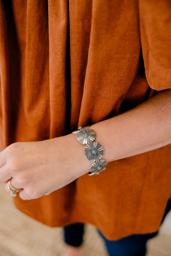 Chic Soul plus size clothing, silver and turquoise medallion bracelet