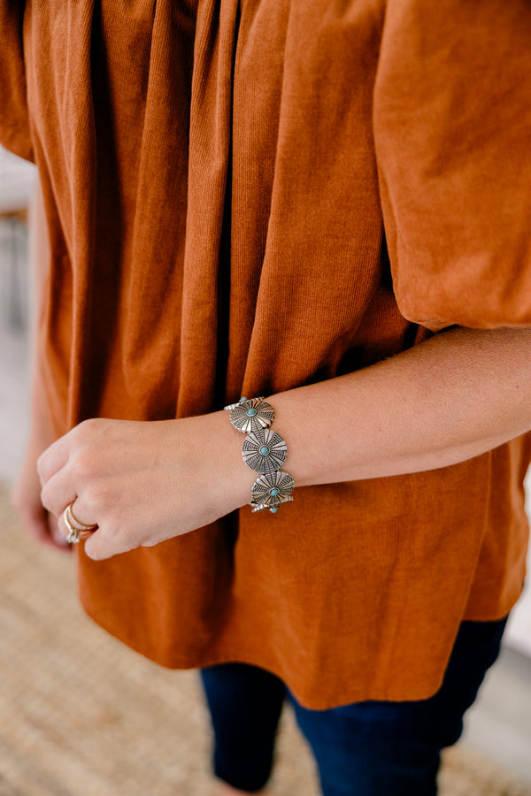 Chic Soul plus size clothing, silver and turquoise medallion bracelet