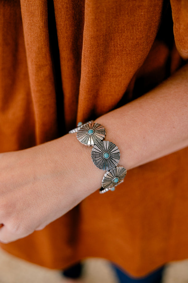 Chic Soul plus size clothing, silver and turquoise medallion bracelet