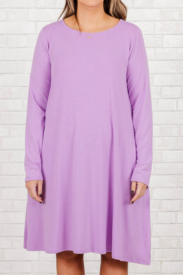 Chic Soul Plus size clothing, bright lavender knee length dress with high neck and long sleeves.