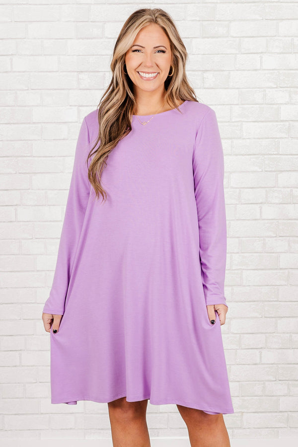 Chic Soul Plus size clothing, bright lavender knee length dress with high neck and long sleeves.