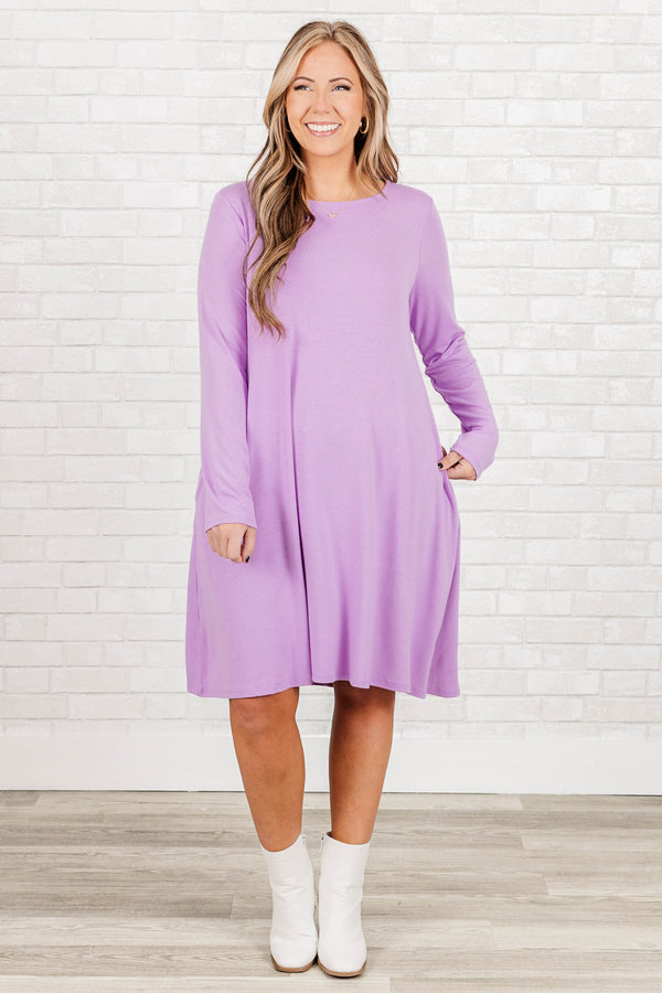 Chic Soul Plus size clothing, bright lavender knee length dress with high neck and long sleeves.