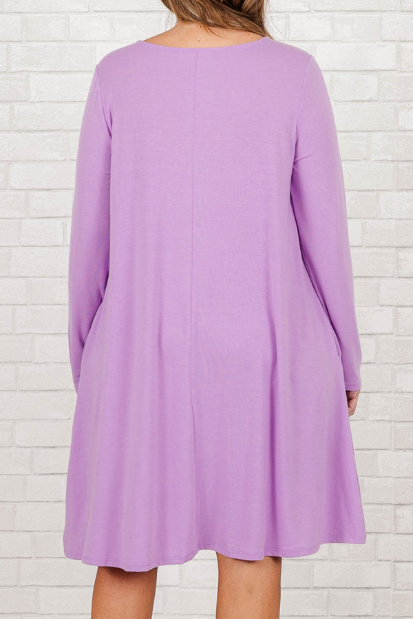 Chic Soul Plus size clothing, bright lavender knee length dress with high neck and long sleeves.
