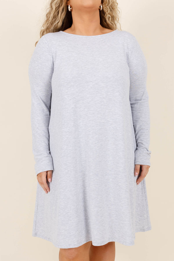 Chic Soul plus size clothing, heather grey colored long sleeve knee length buttery soft material dress