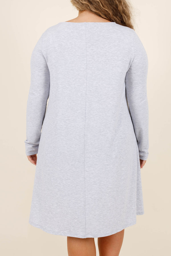 Chic Soul plus size clothing, heather grey colored long sleeve knee length buttery soft material dress
