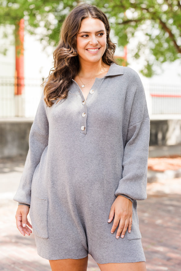 Chic Soul plus size clothing, gray long sleeve knit romper with button up detail along neckline with collar with pockets and cuff sleeves