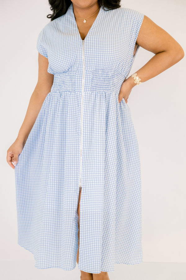 Chic Soul plus size clothing, light blue and white gingham sleeveless V-neck midi dress with cinching below the chest and a zipper down the middle