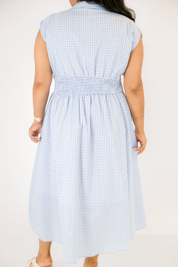 Chic Soul plus size clothing, light blue and white gingham sleeveless V-neck midi dress with cinching below the chest and a zipper down the middle