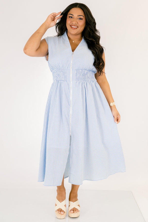Chic Soul plus size clothing, light blue and white gingham sleeveless V-neck midi dress with cinching below the chest and a zipper down the middle