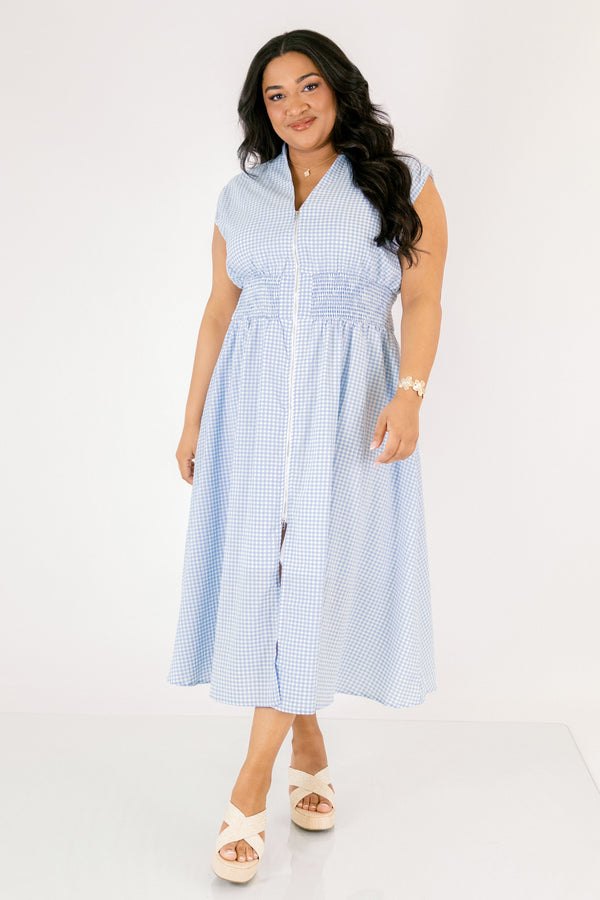 Chic Soul plus size clothing, light blue and white gingham sleeveless V-neck midi dress with cinching below the chest and a zipper down the middle