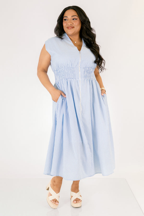 Chic Soul plus size clothing, light blue and white gingham sleeveless V-neck midi dress with cinching below the chest and a zipper down the middle