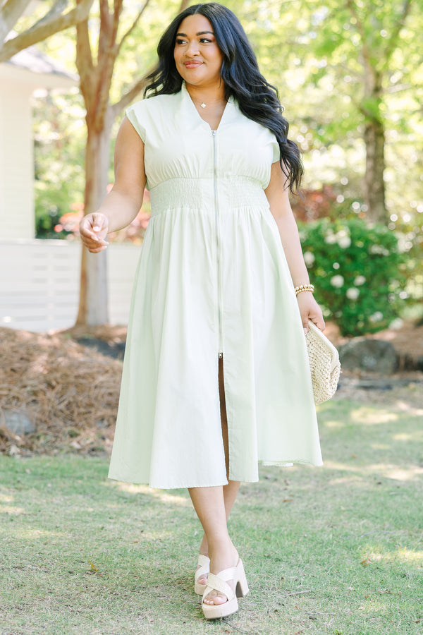 Chic Soul plus size clothing, sage midi dress with zipper closure down the front