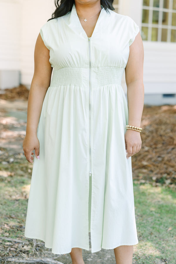 Chic Soul plus size clothing, sage midi dress with zipper closure down the front