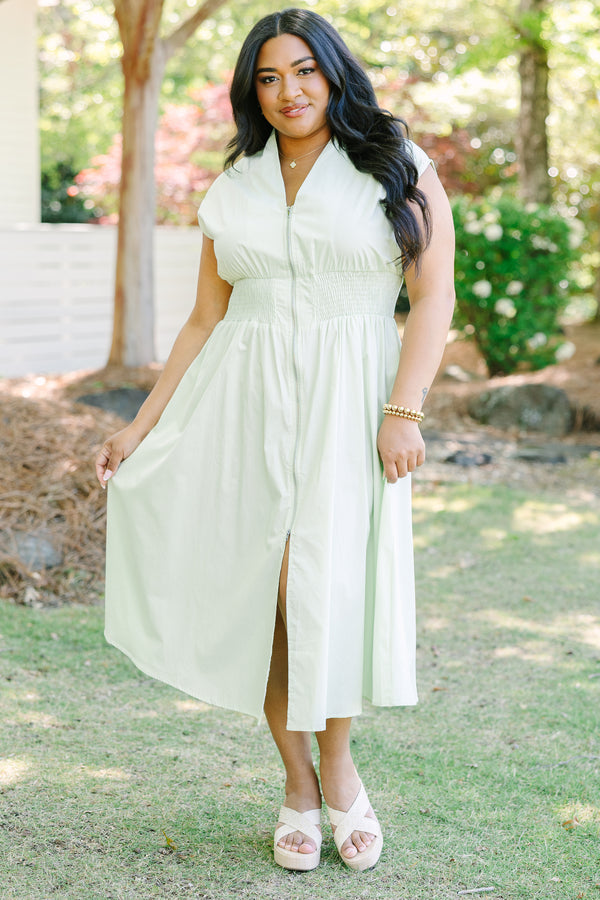 Chic Soul plus size clothing, sage midi dress with zipper closure down the front