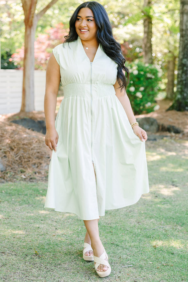 Chic Soul plus size clothing, sage midi dress with zipper closure down the front
