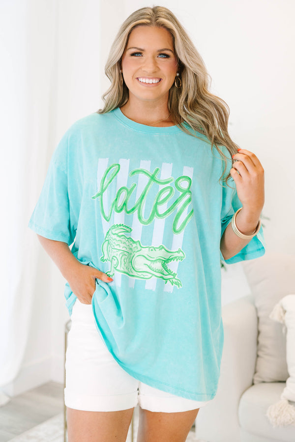 Plus Size mint acid wash relaxed tee with a green alligator graphic and white stripes.