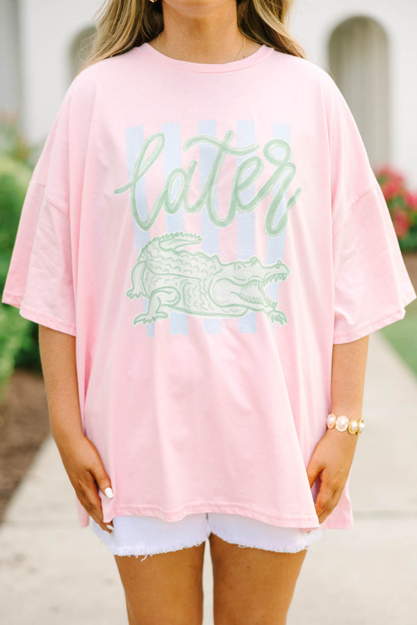 Plus Size dusty pink oversized boyfriend tee with a green alligator graphic and 