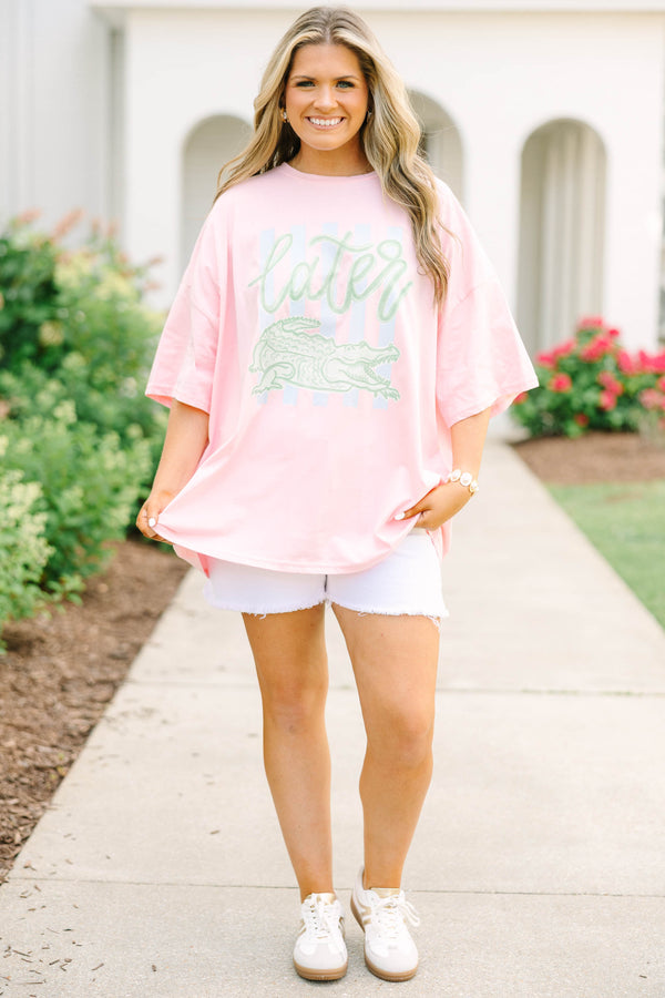 Plus Size dusty pink oversized boyfriend tee with a green alligator graphic and 