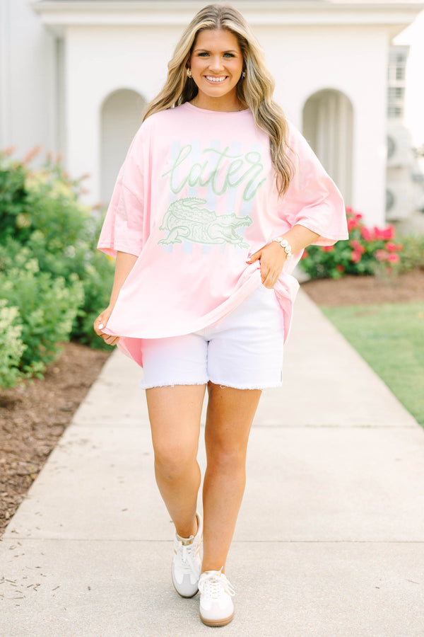 Plus Size dusty pink oversized boyfriend tee with a green alligator graphic and 