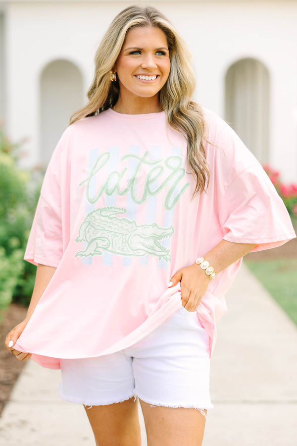 Plus Size dusty pink oversized boyfriend tee with a green alligator graphic and 
