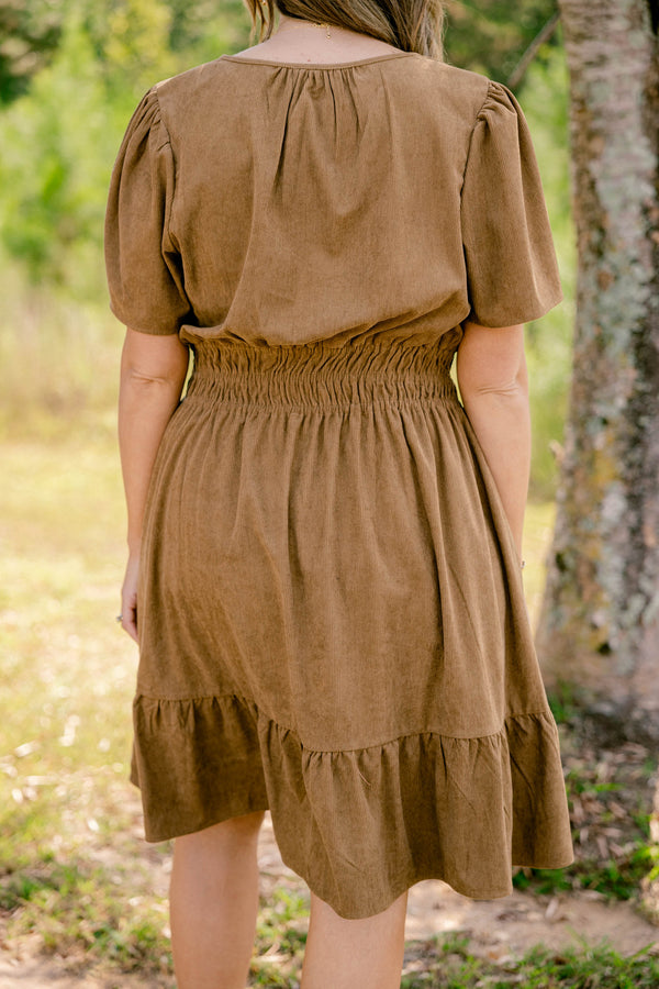 Chic Soul plus size clothing, dark tan corduroy short sleeve v neckline dress that cinches at the waist 