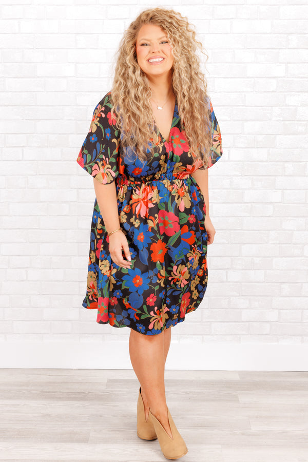 Chic Soul plus size clothing, flowy floral v-neck short length dress