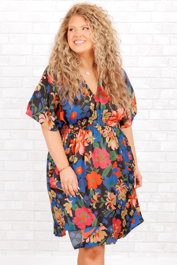 Chic Soul plus size clothing, flowy floral v-neck short length dress