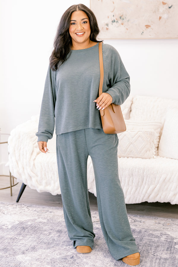 Chic Soul plus size clothing, ash grey long sleeve and straight leg lounge pant matching set 