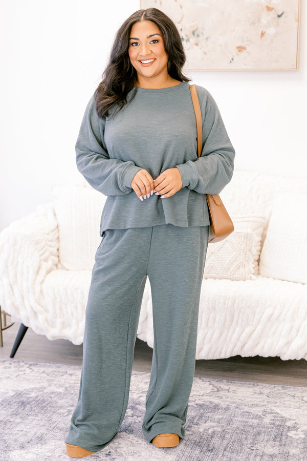 Chic Soul plus size clothing, ash grey long sleeve and straight leg lounge pant matching set 