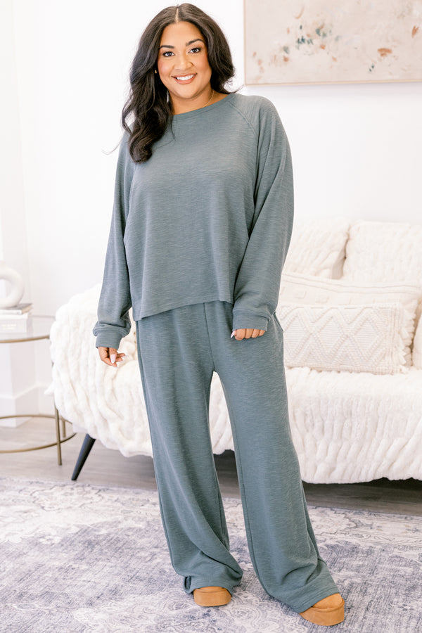 Chic Soul plus size clothing, ash grey long sleeve and straight leg lounge pant matching set 