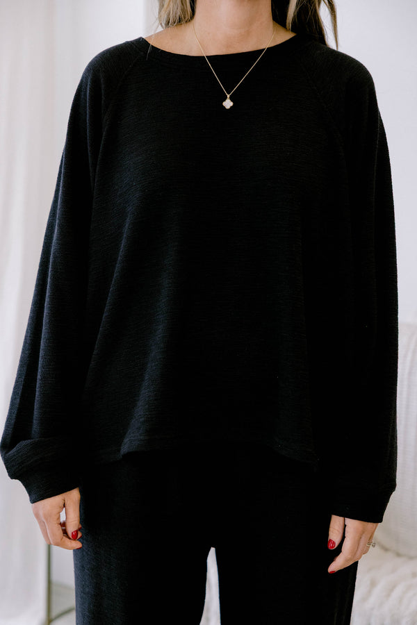 Chic Soul plus size clothing, black casual set with long pans and a long sleeve black top 