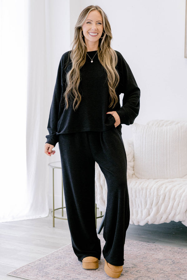 Chic Soul plus size clothing, black casual set with long pans and a long sleeve black top 