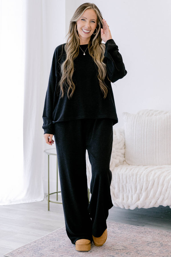 Chic Soul plus size clothing, black casual set with long pans and a long sleeve black top 