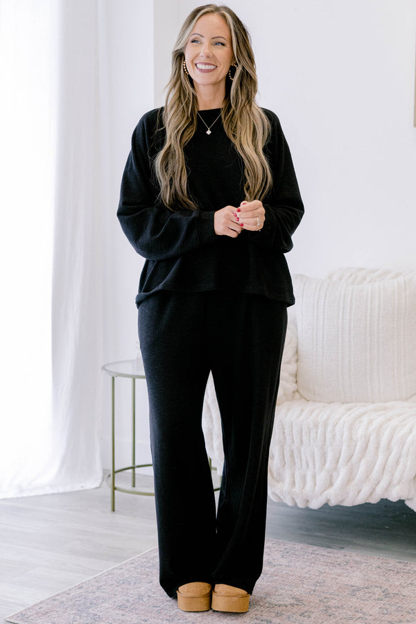 Chic Soul plus size clothing, black casual set with long pans and a long sleeve black top 