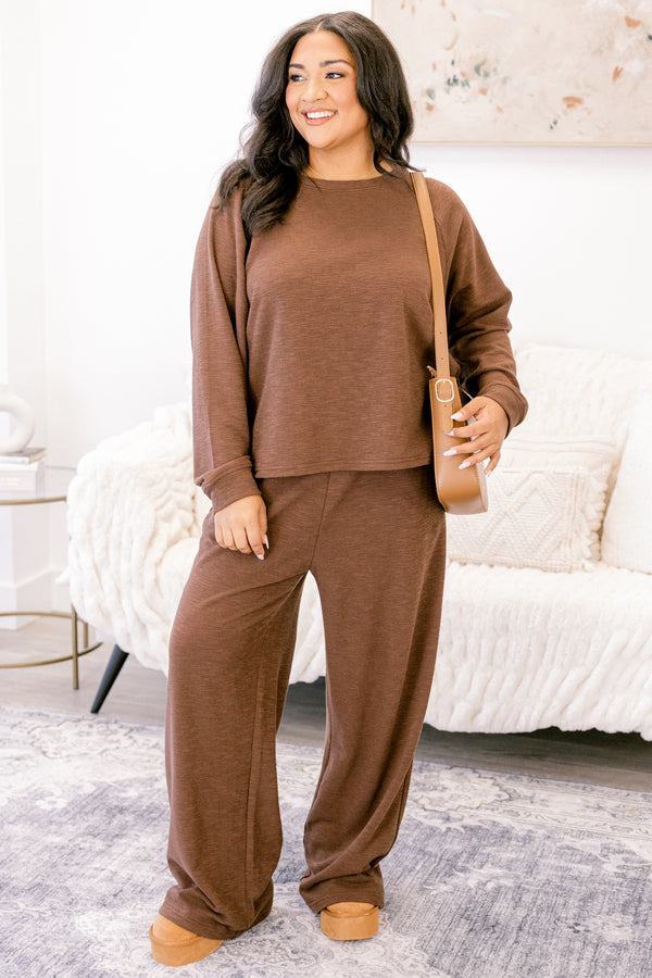 Chic Soul plus size clothing, brown long sleeve and lounge wide leg pants matching set