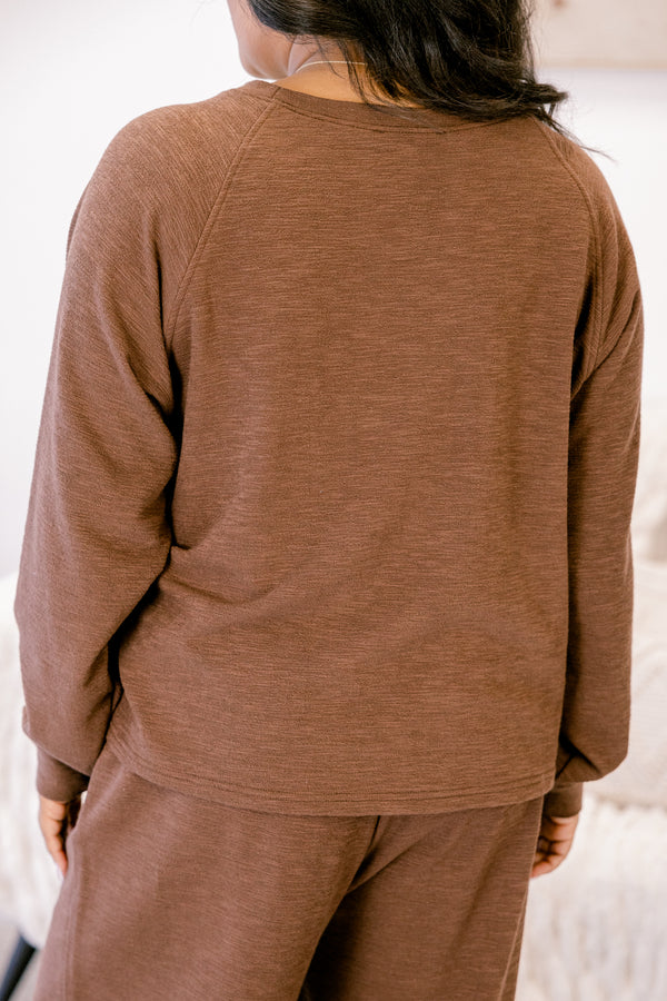 Chic Soul plus size clothing, brown long sleeve and lounge wide leg pants matching set